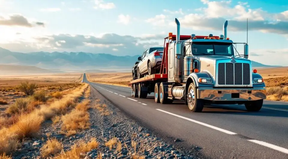 A professional flatbed tow truck transporting a vehicle along a scenic Victorian highway under a clear sky.