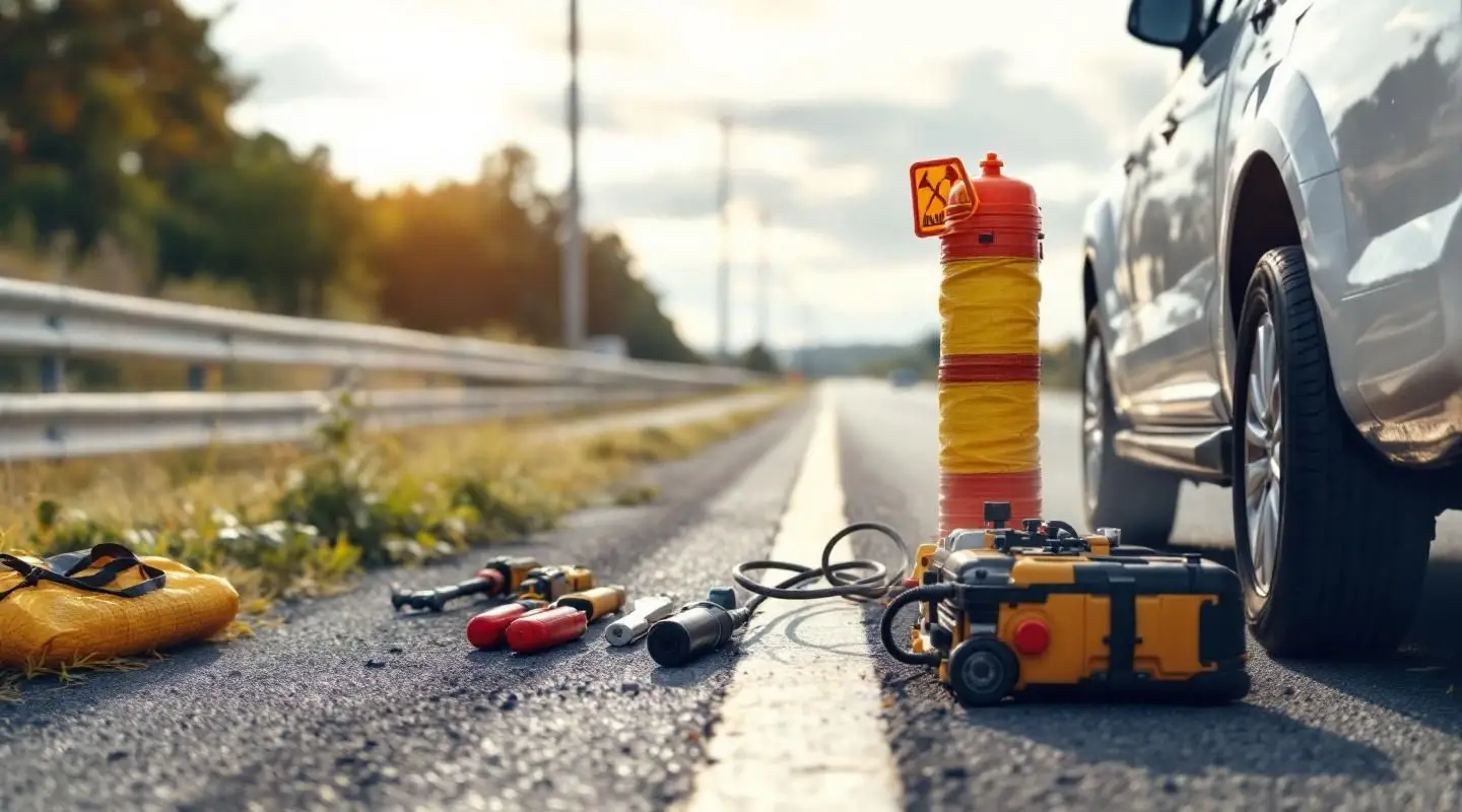Professional roadside assistance technician performing a battery jump start on a Victorian highway shoulder at twilight.