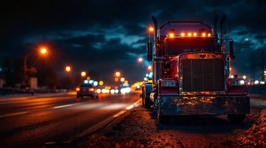 A professional yellow flatbed tow truck with amber safety lights assisting a disabled vehicle on a Victoria highway at dusk.