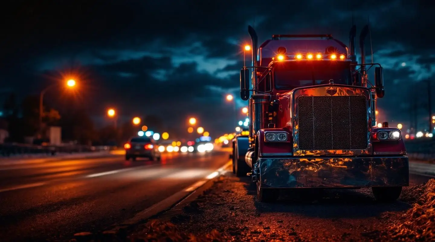 A professional yellow flatbed tow truck with amber safety lights assisting a disabled vehicle on a Victoria highway at dusk.