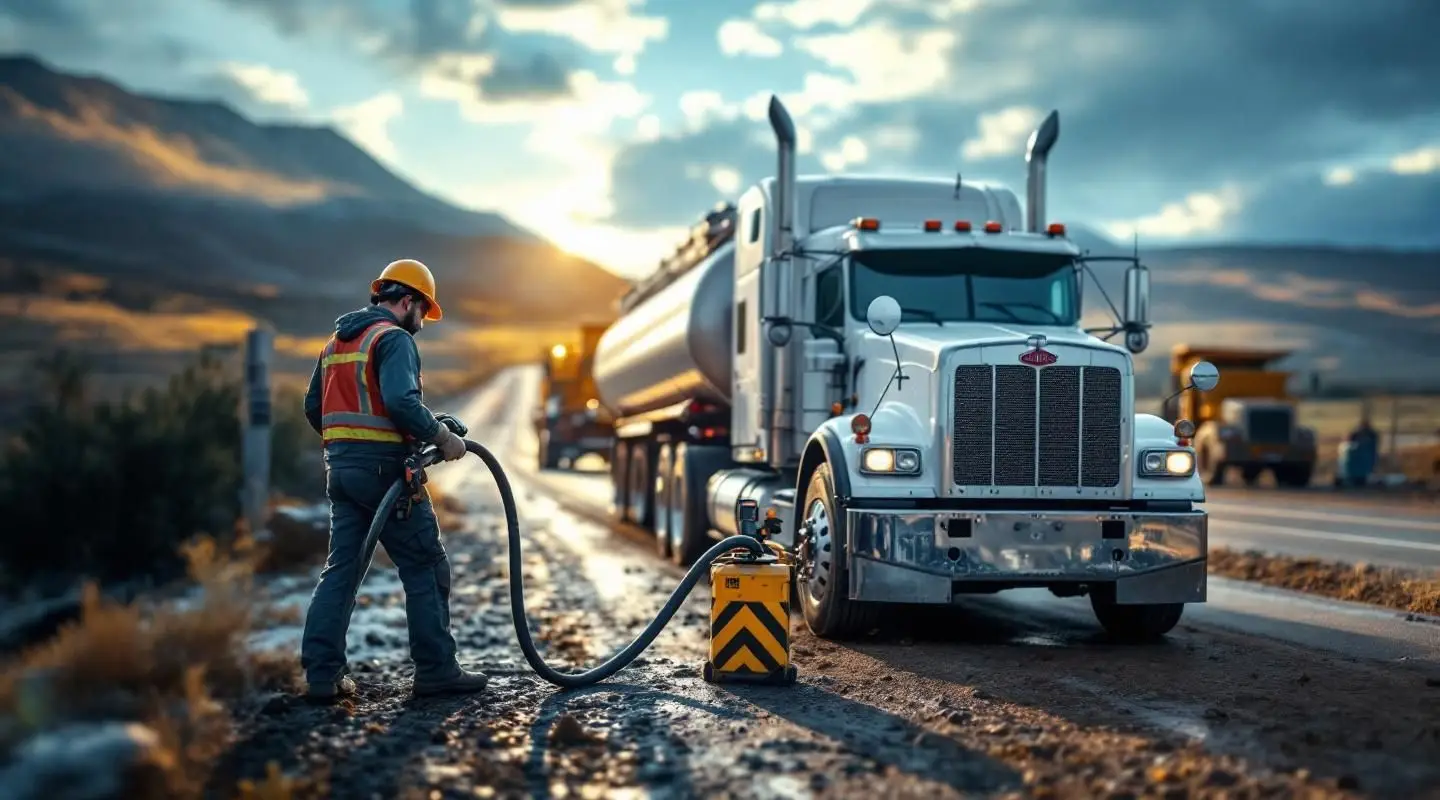 A professional roadside assistance technician refueling a stranded vehicle on a Victoria roadside during an emergency refuel.