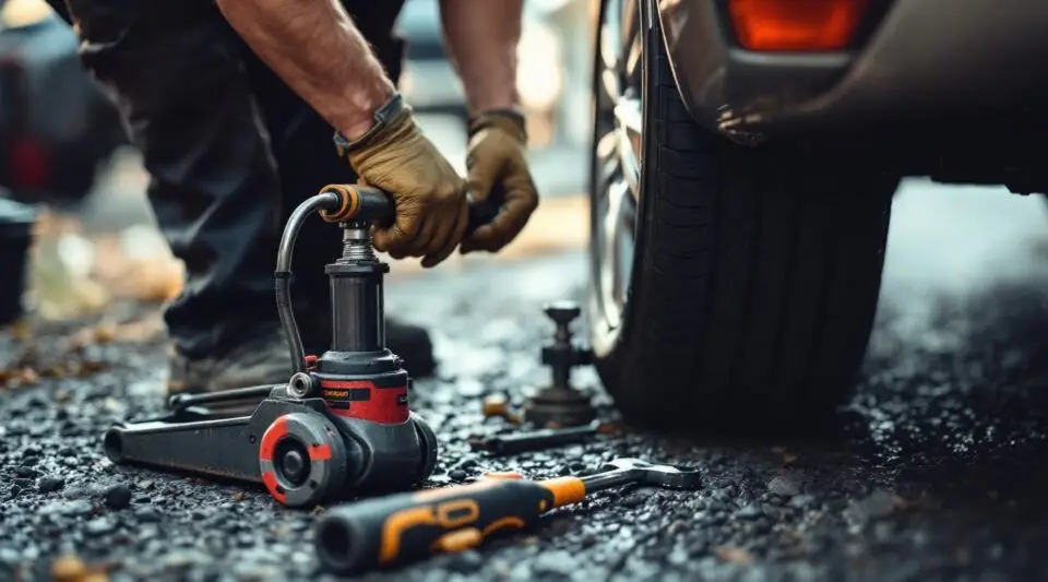 Roadside technician performing a professional spare tyre fitting on a vehicle shoulder in Victoria.