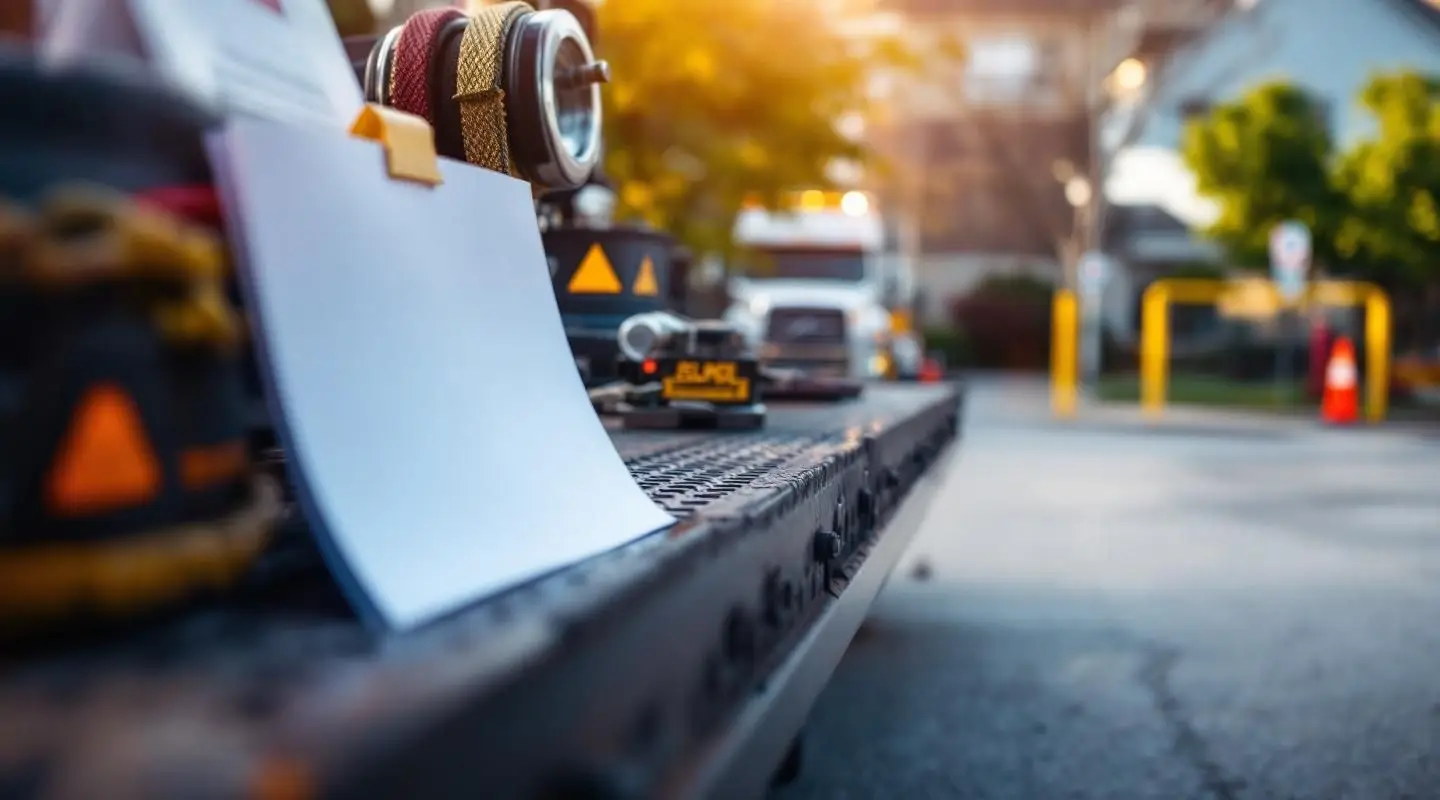 A professional tow truck operator preparing to move an illegally parked car from a private Victoria lot under cinematic evening light.