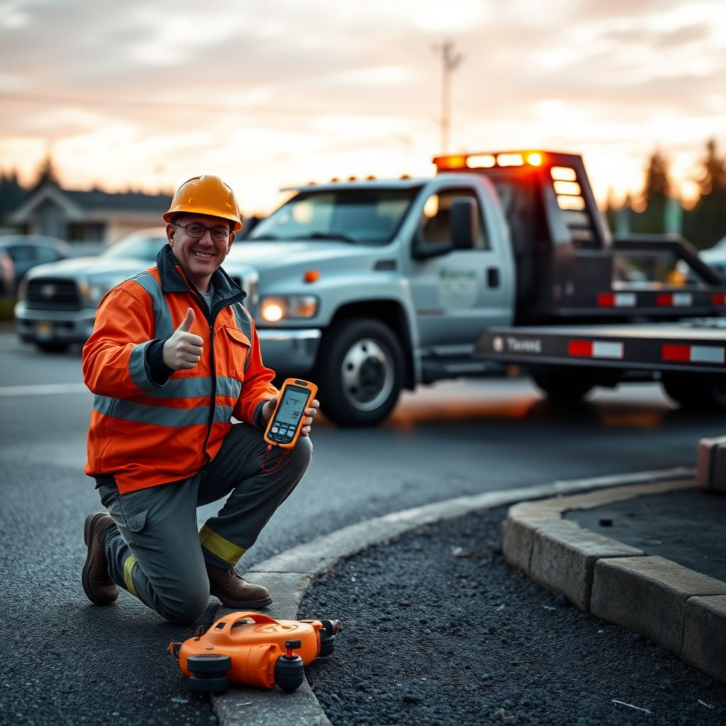 A tow truck safely navigating the narrow, winding West Saanich Road during a rainy afternoon, demonstrating local driving expertise.