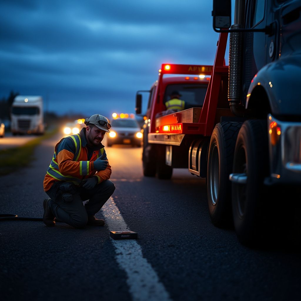 A professional tow truck operator in a safety vest consulting with a driver on a residential street in Colwood.
