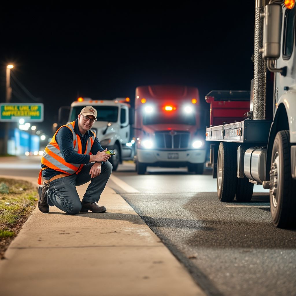 A tow truck operator using a winch to safely recover a vehicle that has slipped into a shallow ditch on a rainy day.