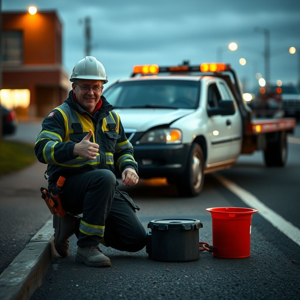 A tow truck operator wearing high-visibility gear performing a battery boost for a stranded driver in a residential Saanichton driveway.