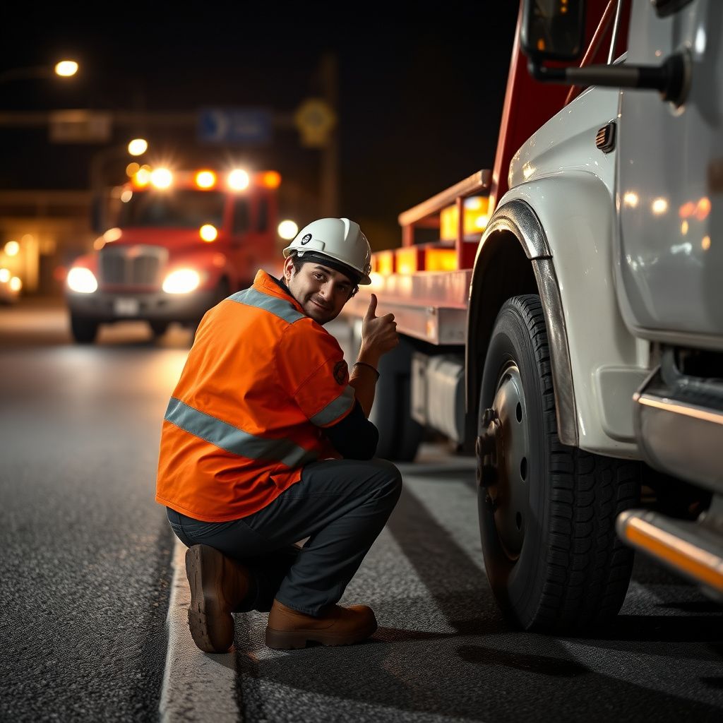 A clean, modern tow truck operator speaking professionally with a stranded motorist in a residential North Saanich neighborhood.