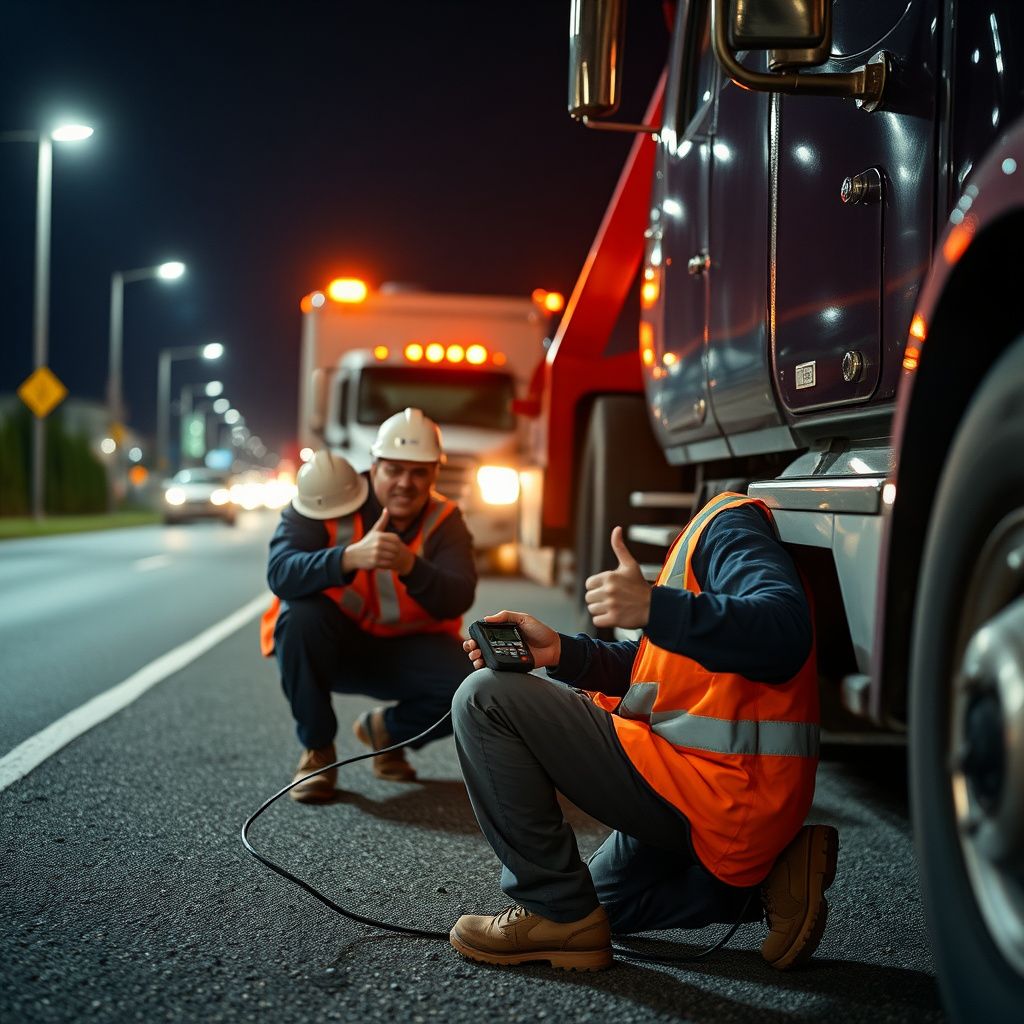 A tow truck operator wearing safety gear assisting a motorist on the shoulder of the Pat Bay Highway near Sidney.