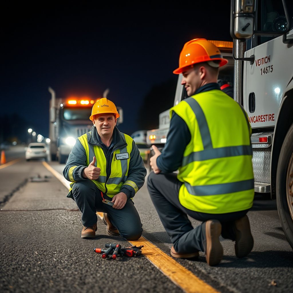 A professional tow truck operator in high-visibility gear performing a safety check on a vehicle before transport in Mill Bay.