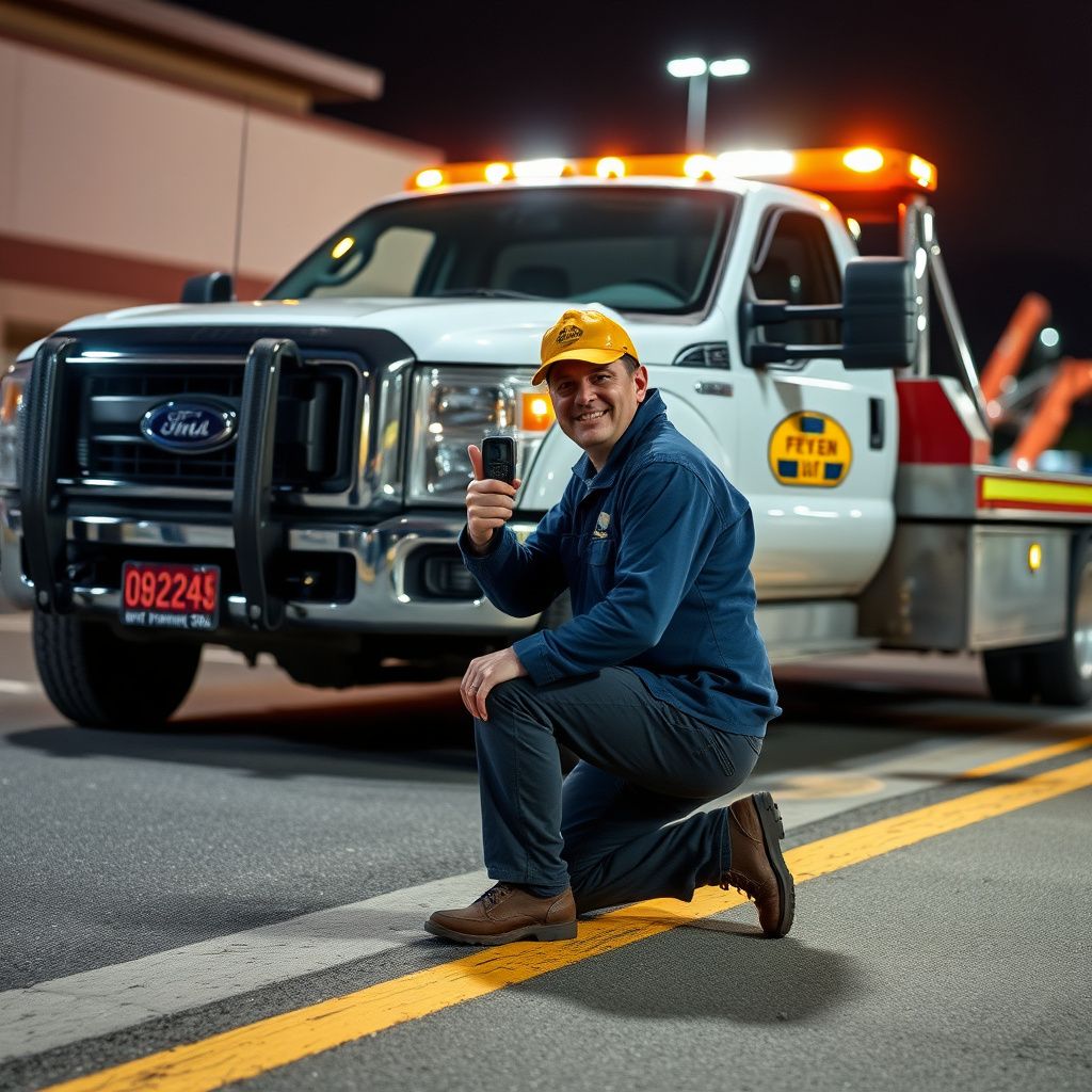 A close-up of a tow truck's secure winch system being prepared for a vehicle recovery in a residential View Royal neighborhood.