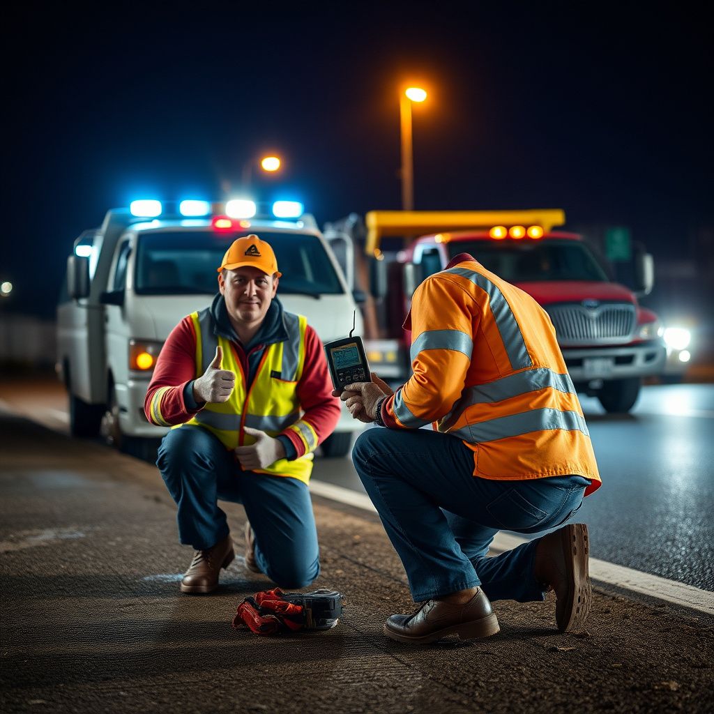 A tow truck operator providing a dead battery jump start to a stranded motorist in a busy Langford retail parking lot.